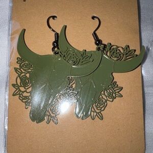 Floral Bull Skull Earrings in Olive Green